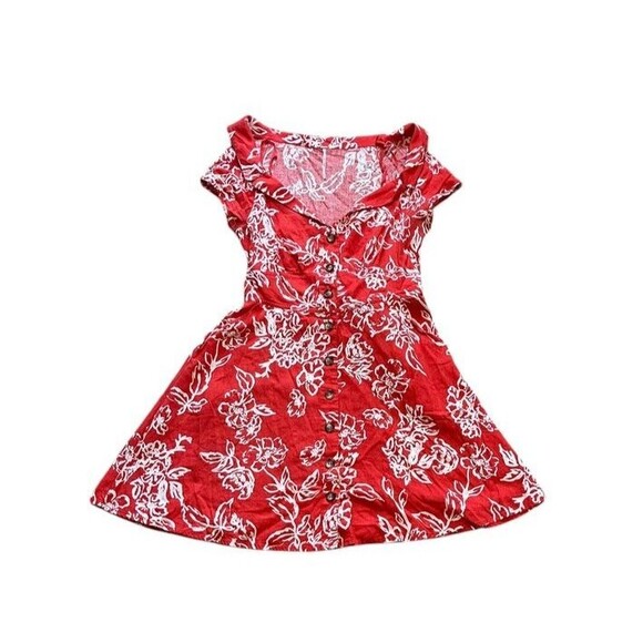 Free People A Thing Called Love Button Floral Mini Dress Size 12 Boho Red Linen - Picture 1 of 9